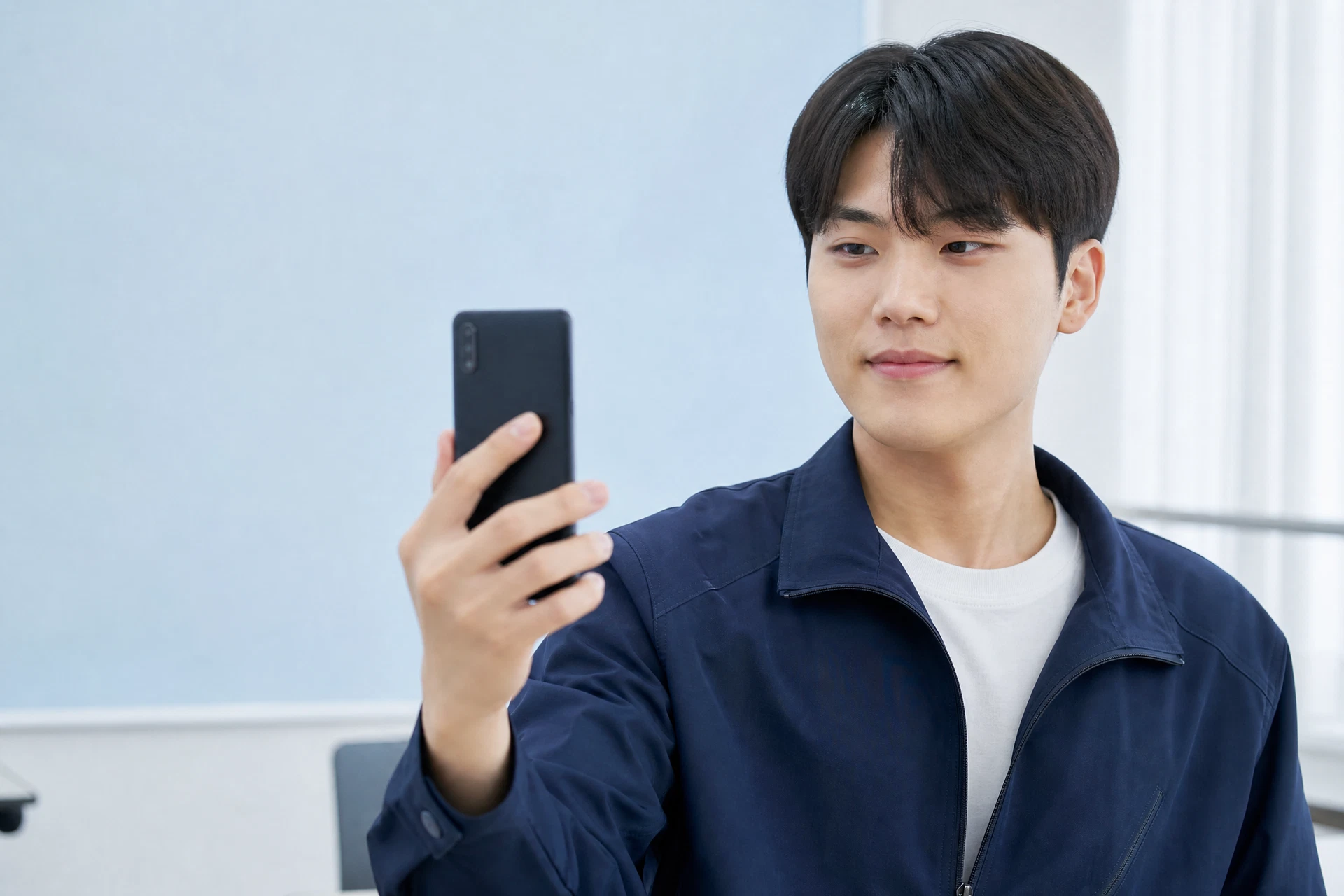 수강생이 등록용 사진 제출을 위해 스마트폰을 확인하는 모습